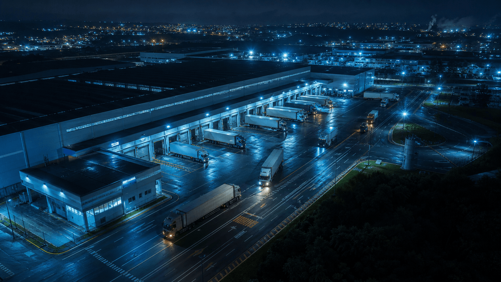 Vista aérea noturna de um centro logístico com caminhões em operação