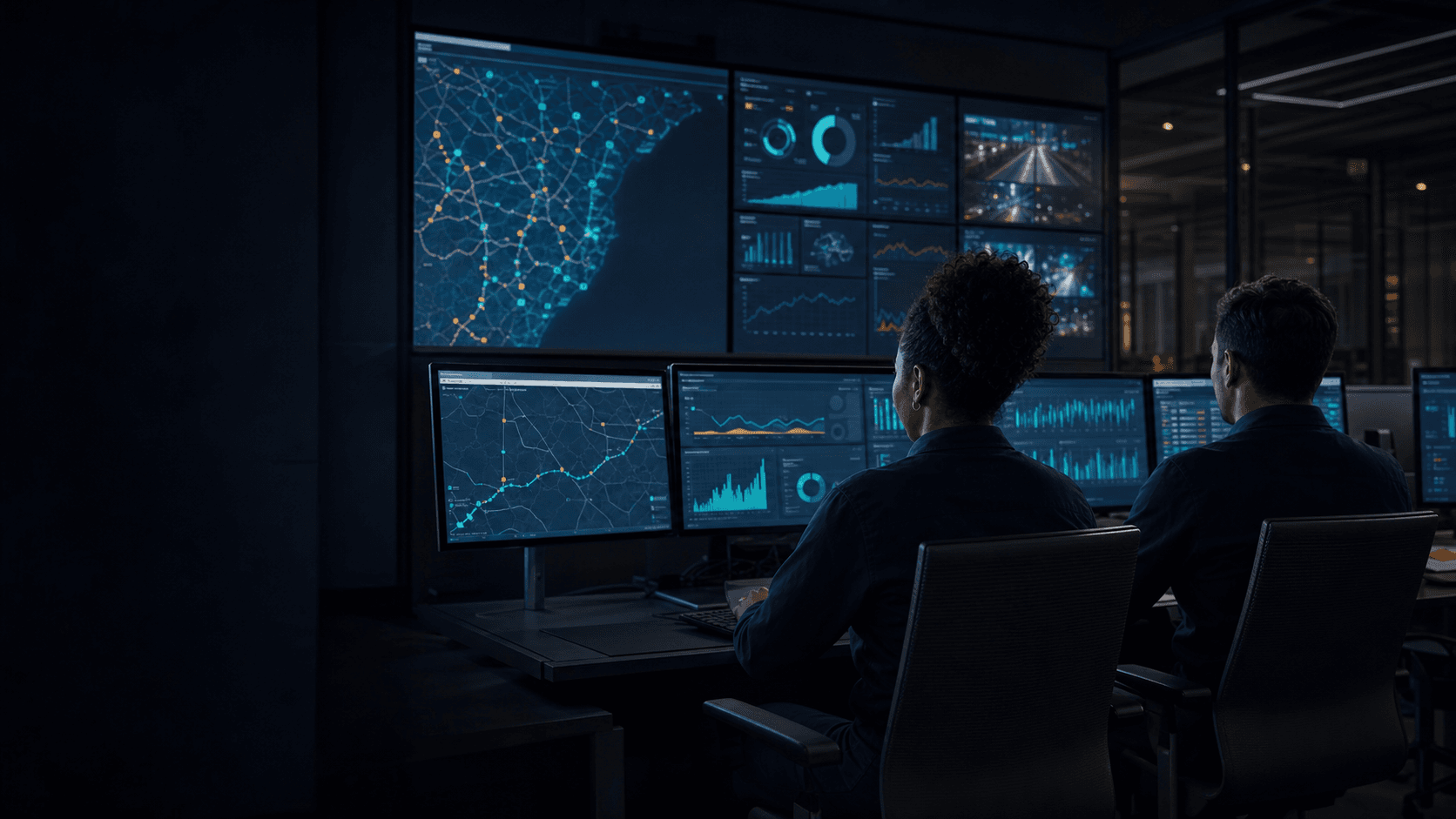 Profissionais monitorando mapas e indicadores em uma sala de controle logística